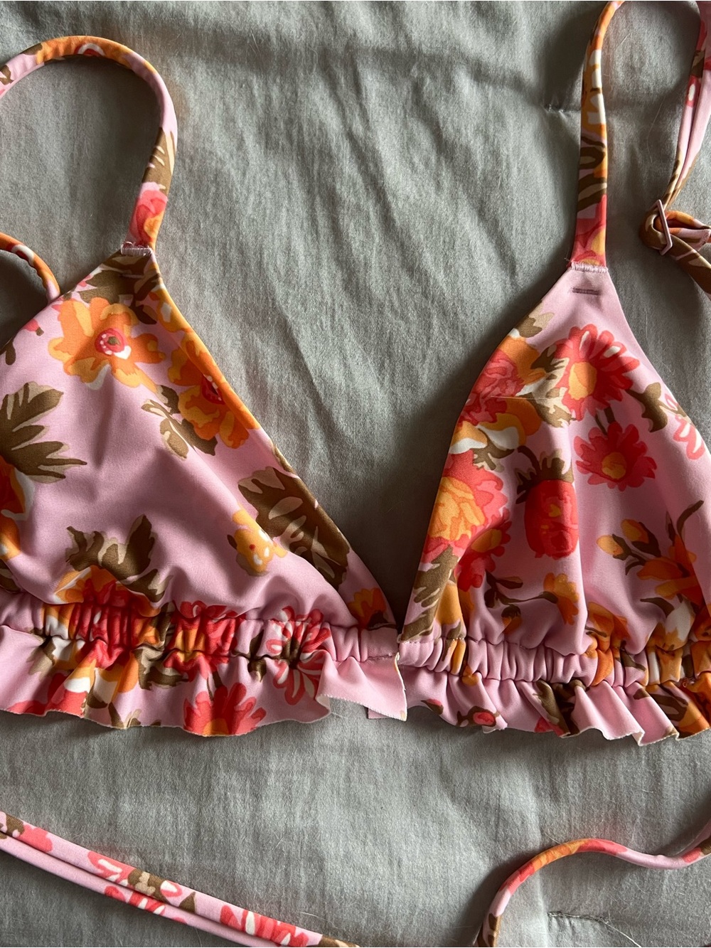 Aerie Cream Floral Bikini Top with Orange -Red Flowers